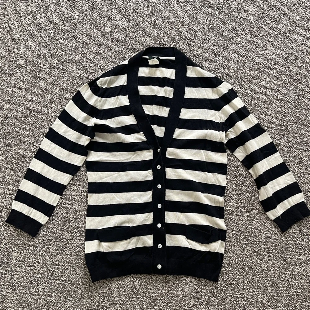 J. Crew Black and Cream Striped Cotton Cardigan